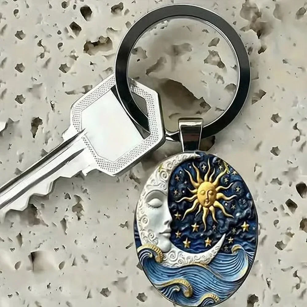 Stainless Steel CELESTIAL Sun Moon Keyring Keychain Accessory